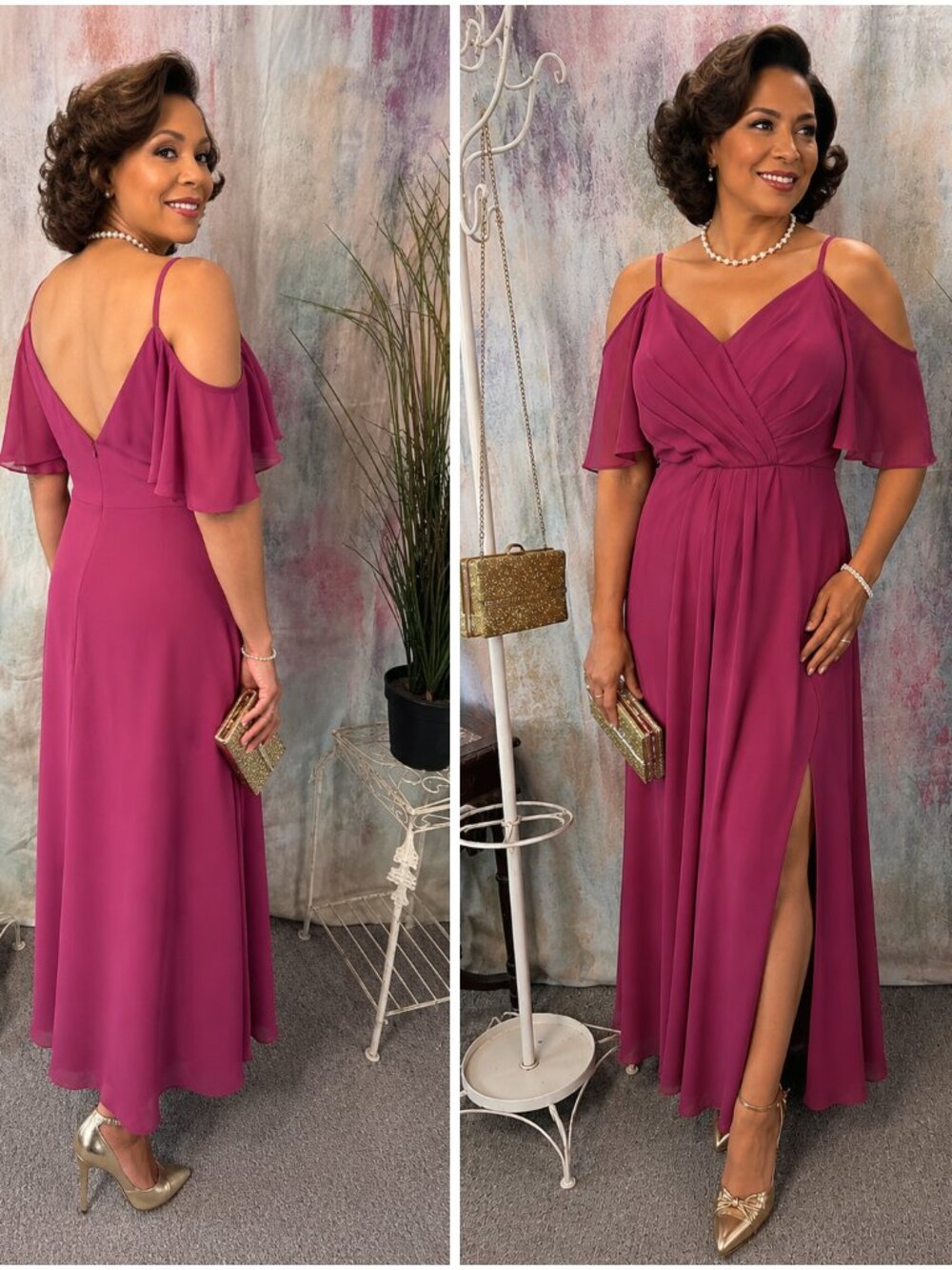 πJJs House Mulberry Cold-Shoulder Pleated Chiffon Bridesmaid - Prom Dress